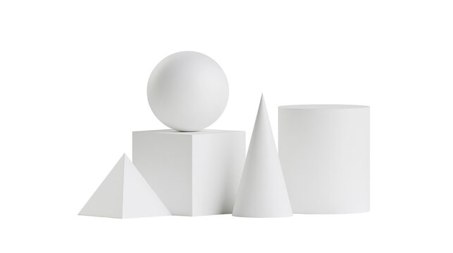 Isolated minimalist 3D render of geometric shapes sphere cube cone pyramid and cylinder