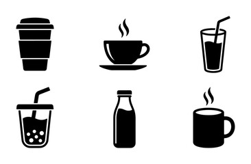 Fototapeta premium Black and White Drink Icons: Coffee, Tea, Soda, Milk, and Bubble Tea Vector Set for Beverage Graphics