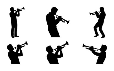 Trumpet Player Silhouettes: Jazz Musician Poses, Musical Performance Vector Icons, Brass Instrument Graphics © Riya
