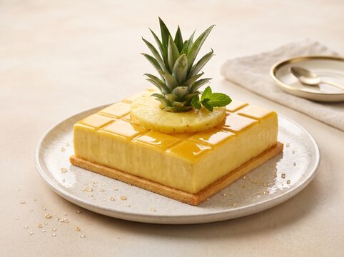 Square pineapple mousse cake with fresh fruit topping on a ceramic plate