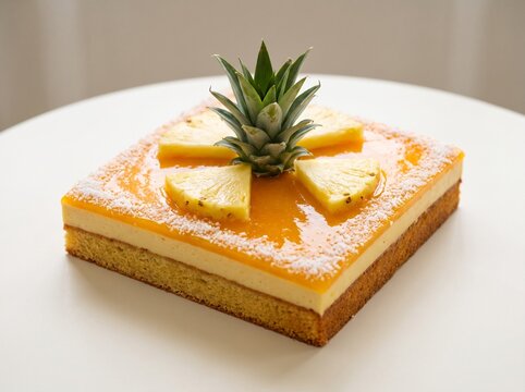 Square pineapple cheesecake dessert with fresh fruit topping on a white table