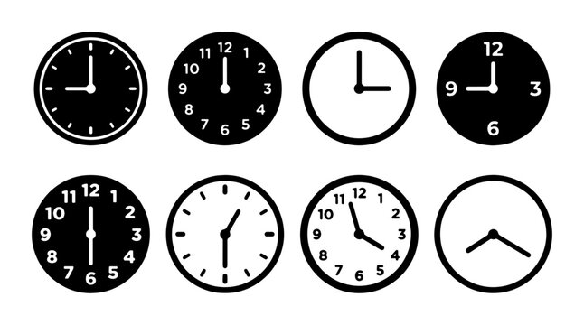 Set of 8 Simple Analog Clock Icons, Time Display Vector Graphics, Black and White Timepieces