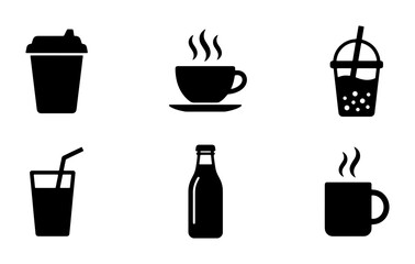 Fototapeta premium Beverage Icons Set: Coffee, Tea, Soda, Juice, Bubble Tea, Water Bottle Vector Graphics