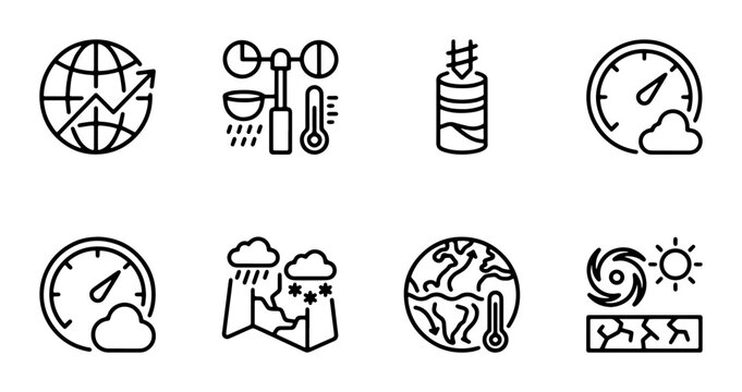 Weather Icons Set: Climate Change, Meteorology, Forecast, Global Warming, Hurricane, Rain, Temperature