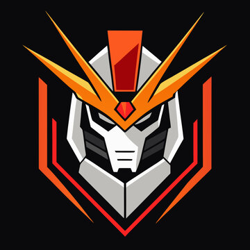 Mecha robot head armor with sharp orange crest and white plating designed for futuristic gaming logo or esports team identity.