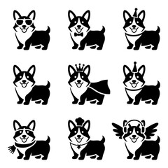 Fototapeta premium Set of cute corgi dog stickers with various accessories in a simple black and white vector style