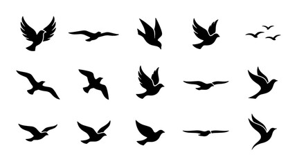 Fototapeta premium Silhouette Bird Icons Set: Flying Dove, Seagull, and Flock Vector Graphics for Freedom, Peace, and Travel Concepts
