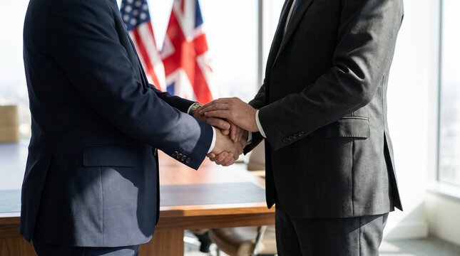 Business representatives shaking hands for international agreement in office meeting room.