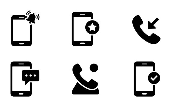 Mobile Phone Icons: Notification, Favorite, Call, Message, Incoming Call, Checkmark, Vector Set