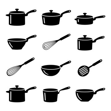 Set of black kitchenware icons including various pots pans spatulas and cooking utensils for culinary design projects
