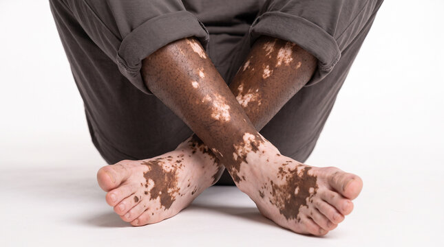 African American man with vitiligo on a clean white background, showing depigmented patches on face, hands, arms, neck and torso with different natural facial expressions, depigmentation, pigmentation