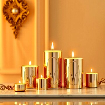 Luxury gold candle holders with lit candles on marble surface