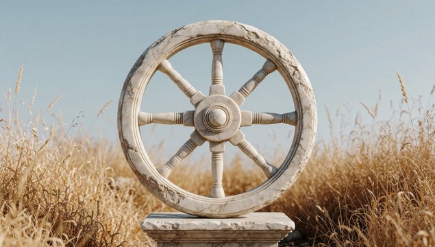 Large round white stone wheel spokes radiating outwards center appears old weathered cracks peeling paint surf
