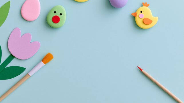 Colorful Easter craft decorations with chick, eggs, flower, paintbrush and pencil on pastel blue background with copy space