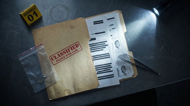 Classified Forensic Case File with Fingerprint Evidence and Evidence Marker