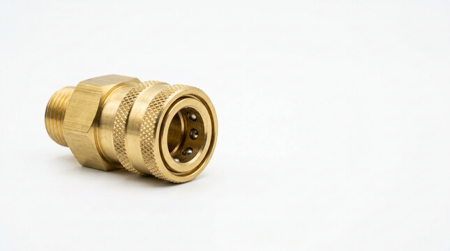 Pristine brass pneumatic quick disconnect fitting on white background
