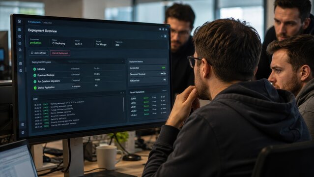 A team of IT professionals monitors real-time software deployment progress and metrics on a computer screen in a modern office.