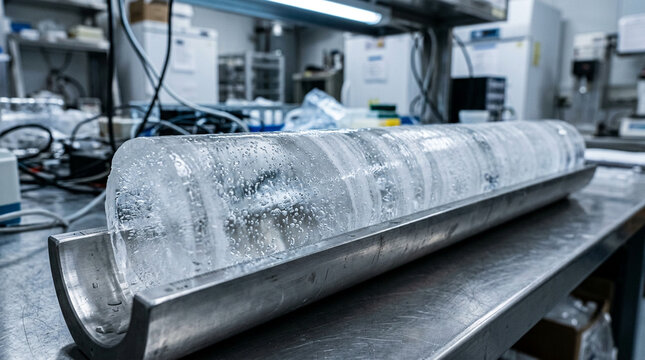 Glacial ice core sample showing trapped air bubbles and layers