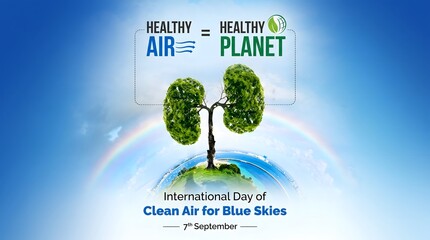 Naklejka premium Healthy air equals healthy planet concept with tree with Tree lungs globe rainbow text about clean air
