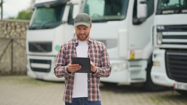 Truck driver managing fleet logistics using tablet