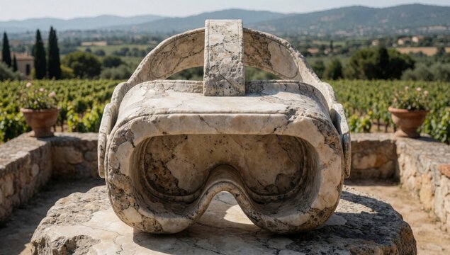 Pair old weathered goggles resting stone pedestal made light-colored material possibly marble have curved shap