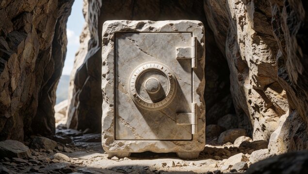 Old weathered stone safe middle rocky cave rectangular shape appears made light-colored rough texture has roun