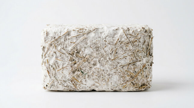 Sustainable mycelium bio composite packaging block isolated on white