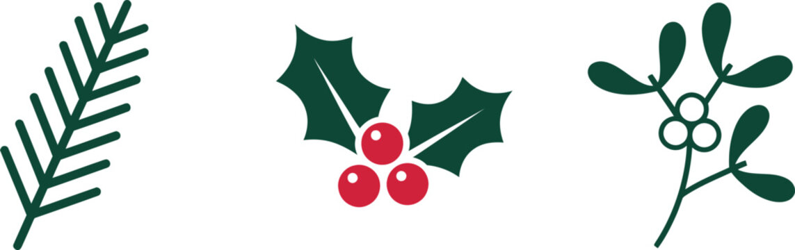 Minimalist vector illustration set featuring a stylized pine branch, a festive holly sprig with bright red berries, and a simple mistletoe branch on white background