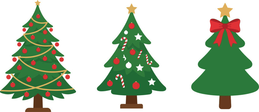 A collection of three distinct stylized Christmas trees featuring varied decorations including golden ribbons, red baubles, candy canes, white stars, and a festive red bow