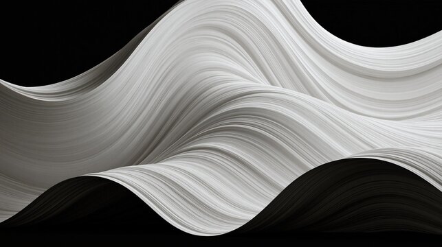 Black and white abstract background with a wave-like pattern. the wave appears to be made up of multiple layers of thin, wavy lines that create a sense of movement and depth.