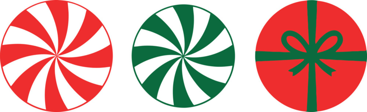 A festive collection of Christmas themed circular icons featuring a classic red and white peppermint swirl a green and white peppermint swirl and a gift