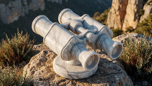 Pair white marble binoculars resting rocky surface telescope positioned center lenses facing upwards body down