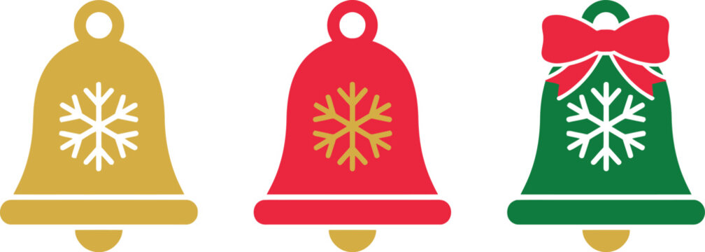 A festive collection of three flat vector Christmas bells in gold, red, and green colors, each uniquely decorated with a white or gold snowflake pattern