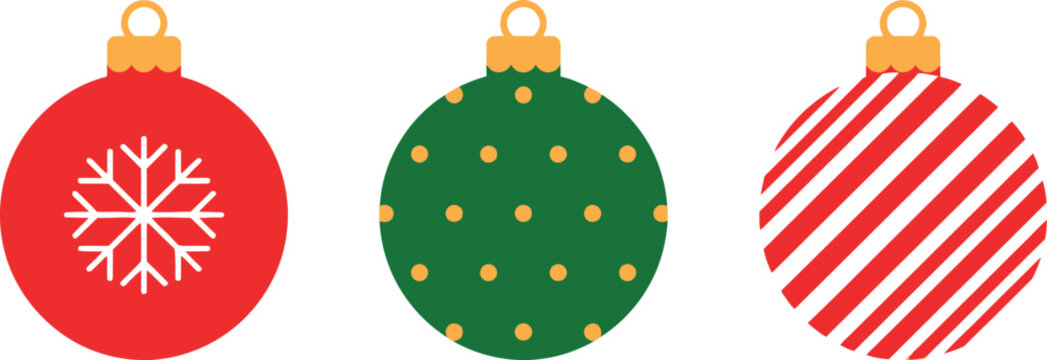A set of three vibrant Christmas ornament balls featuring a red snowflake design, a green polka dot pattern, and a classic red and white striped motif.