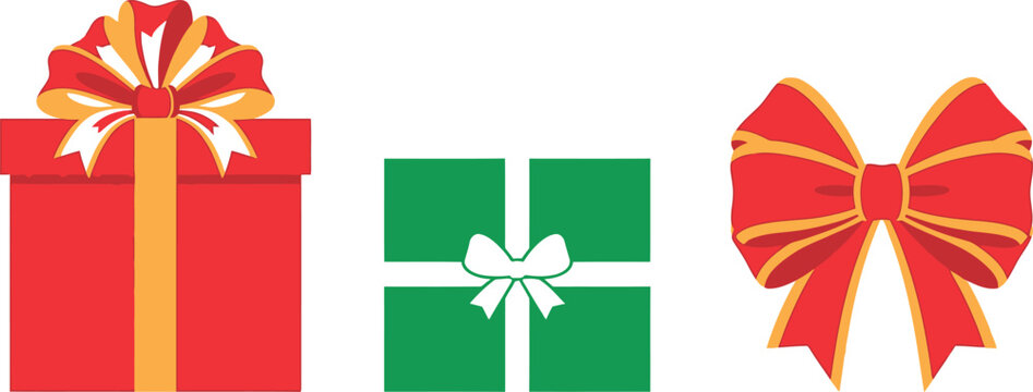 A vibrant digital collection featuring a large red gift box with an ornate bow, a minimalist green square present, and a decorative red ribbon bow isolated