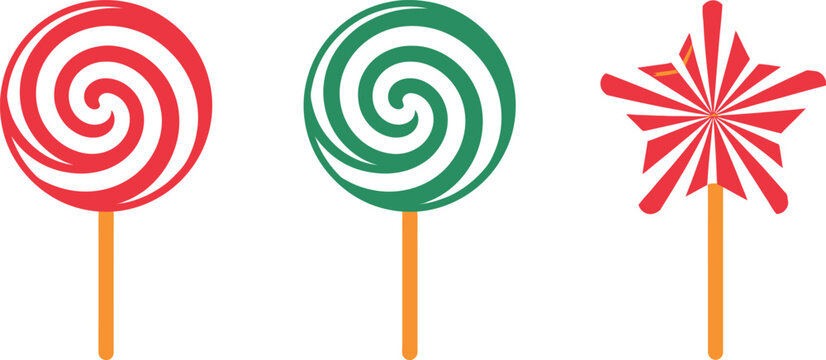 A vibrant digital collection featuring three colorful lollipops including two circular swirl candies in red and green alongside a unique festive star shaped red lollipop