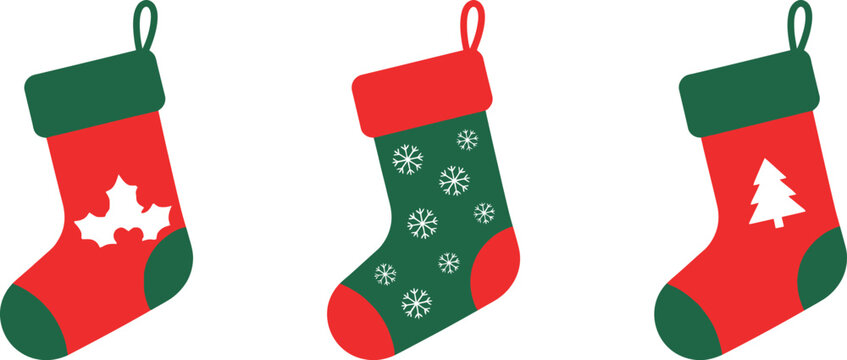 Collection of three colorful Christmas stockings featuring seasonal patterns including holly leaves, white snowflakes, and a simple pine tree icon on white background