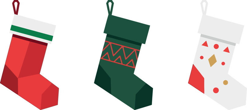 A vibrant digital illustration showcasing three distinct Christmas stockings arranged in a row, featuring traditional red, deep green, and patterned white designs on white background.