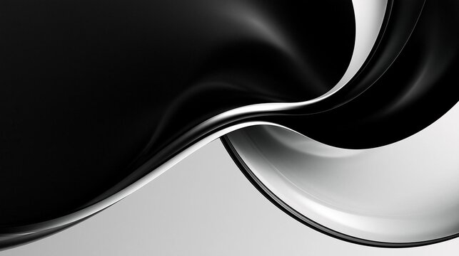 Abstract digital art piece with a black and white color scheme. the background is a gradient of black and grey, with the black on the left side and the grey on the right side.
