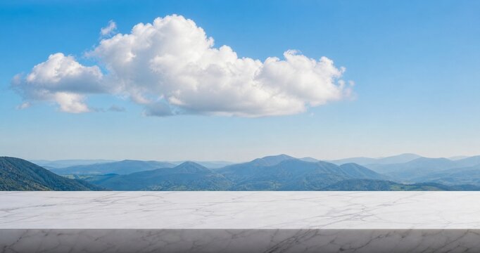 Marble top table with fluffy cloud on Blue sky background,Backdrop background Horizon banner Nature Glossy Marble shelf over beautiful nature Skyline for Spring,Summer product display presentation