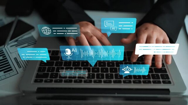Close-up of hands typing on a laptop with floating digital icons representing communication, technology, and artificial intelligence in a modern workspace Gluon.