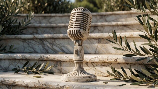 Old-fashioned microphone pedestal front set stairs made stone has round cylindrical shape handle top appears s