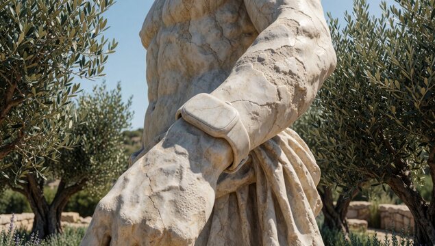 Close-up statue person's arm hand made light-colored material possibly stone marble appears garden park hands