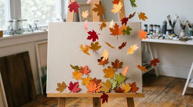 Colorful paper autumn leaves falling onto a blank canvas on an easel in an art studio, celebrating the first day of fall and seasonal creativity.