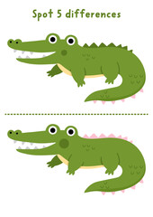 Obraz premium Safari find differences game for children with crocodile. African savanna educational activity with cute animal. Puzzle for kids with funny character. Savannah printable worksheet, page