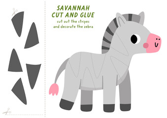 Naklejka premium Vector savanna cut and glue or sticker activity with zebra stripes. Safari scissors practice game with animal skin pattern. Fill up African savannah worksheet. Complete picture, puzzle