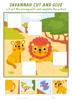 Vector cut and glue or sticker activity with savanna landscape, lion family. Safari scissors practice game with animals. Fill up African savannah scene. Find right piece of puzzle. Complete picture