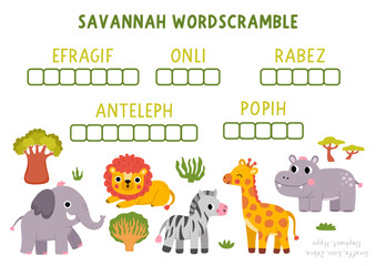 Naklejka premium Vector safari animals word scramble activity page. English language game with lion, giraffe, elephant, hippo for kids. African savannah family quiz. Wildlife savanna nature printable worksheet