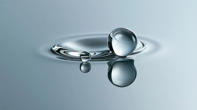 Close-up of a single drop of water on a light blue background. the drop is in the center of the image, with its reflection visible on the surface below it.