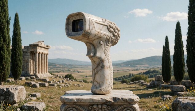 Statue hand holding camera top stone pedestal made white marble has intricate carvings handle body positioned